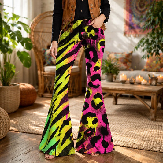 Retro 70s Acid Leopard High Waist Wide Flared Trousers