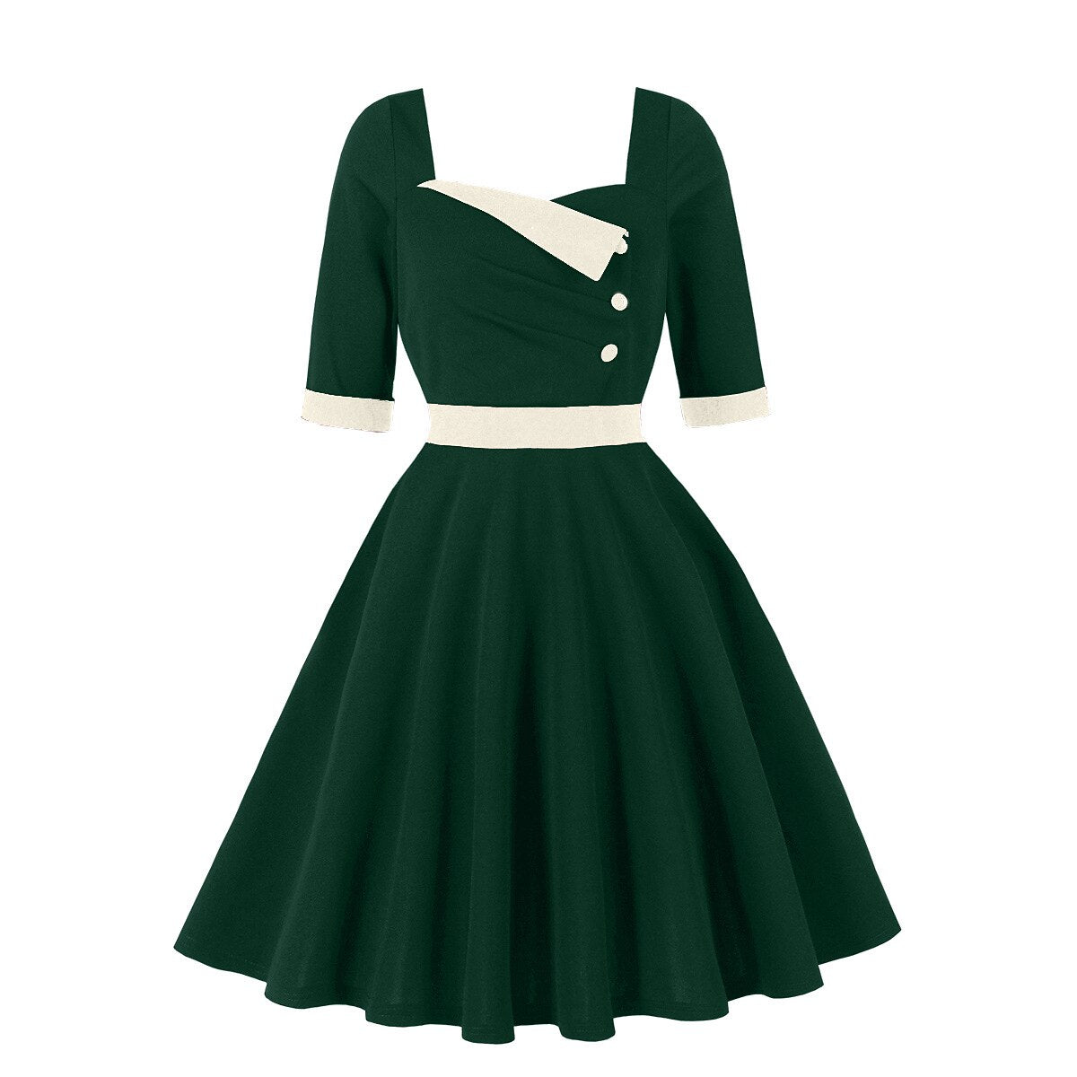 Women's 1950s Contrast Sweetheart Neck Half Sleeve A-Line Dress