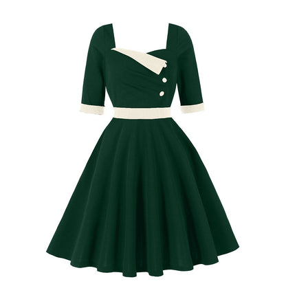 Women's 1950s Contrast Sweetheart Neck Half Sleeve A-Line Dress