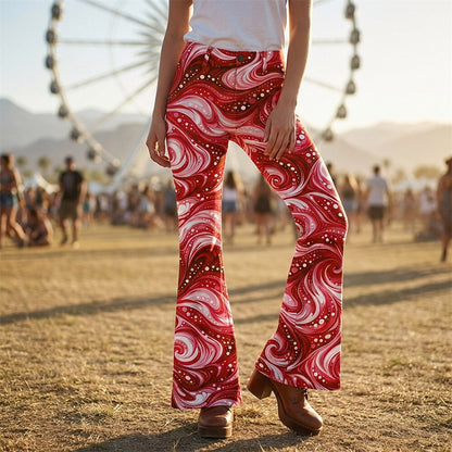 Retro 70s Swirling Waves High Waist Wide Flared Trousers