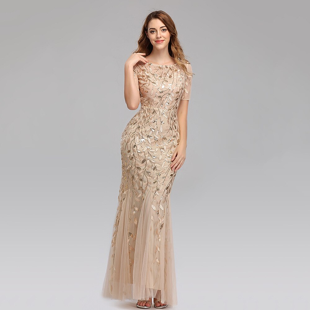 Mermaid Illusion Short Sleeve Sequin Gown