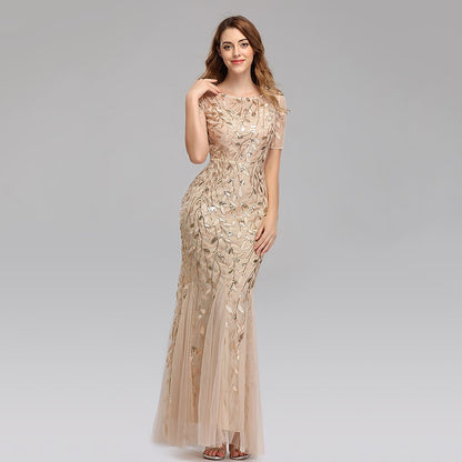 Mermaid Illusion Short Sleeve Sequin Gown