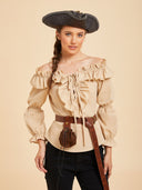 Woman wearing a beige off-shoulder ruffle pirate costume set