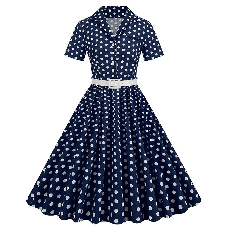 Women's 1950s Polka Dot Lapel Collar Swing Shirt Dress
