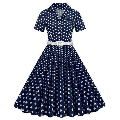 Women's 1950s Polka Dot Lapel Collar Swing Shirt Dress