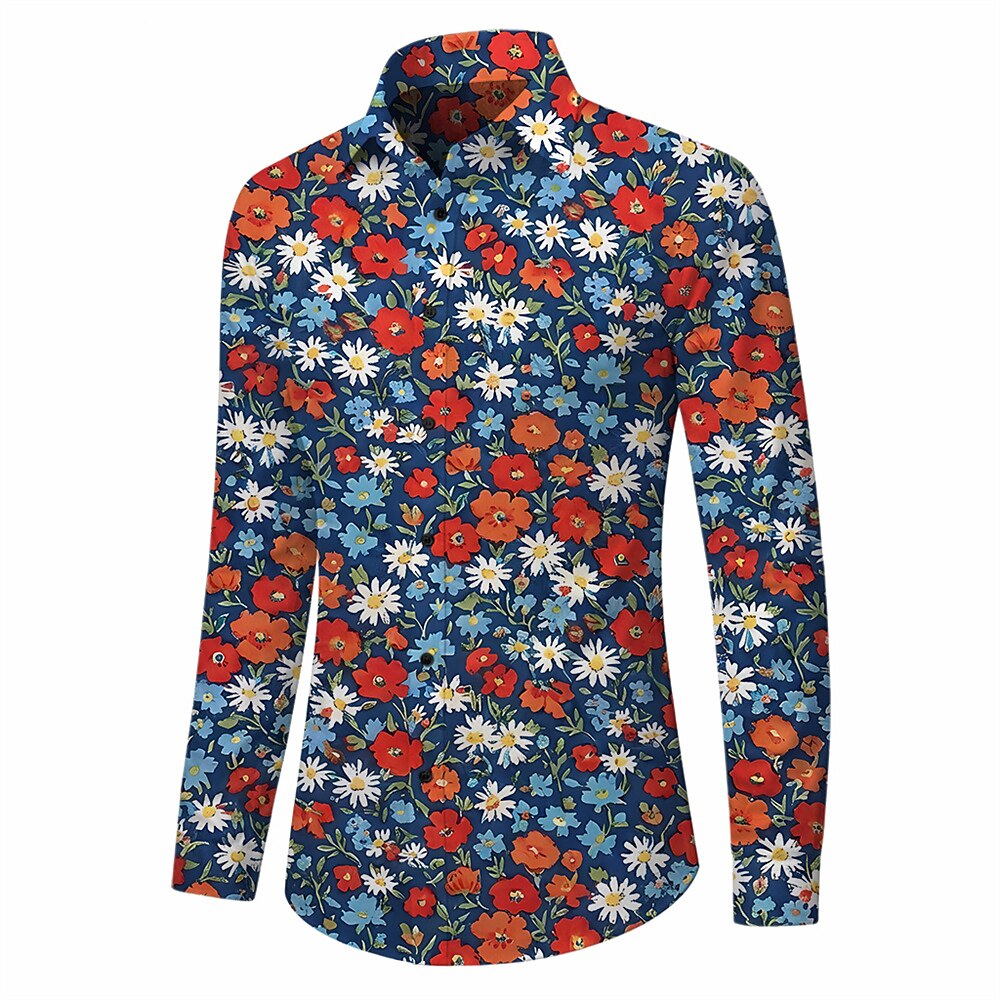 Retro 70S Vintage Floral Daisy Poppy Pattern Long Sleeves Collar Shirt
