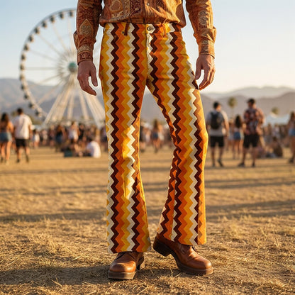 Retro 70s Zigzag Print High Waist Wide Flared Trousers