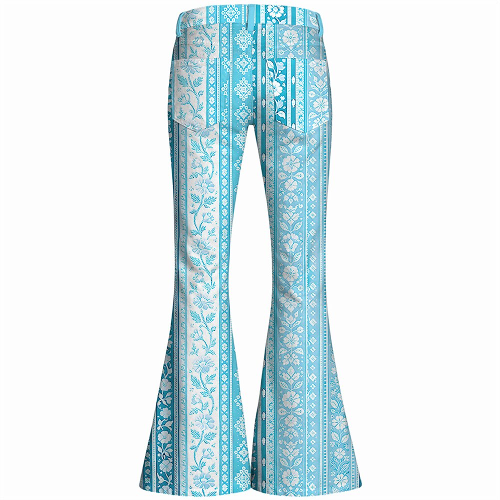 Retro 70s Ethnic Floral Striped High Waist Wide Flared Trousers