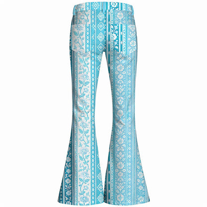 Retro 70s Ethnic Floral Striped High Waist Wide Flared Trousers