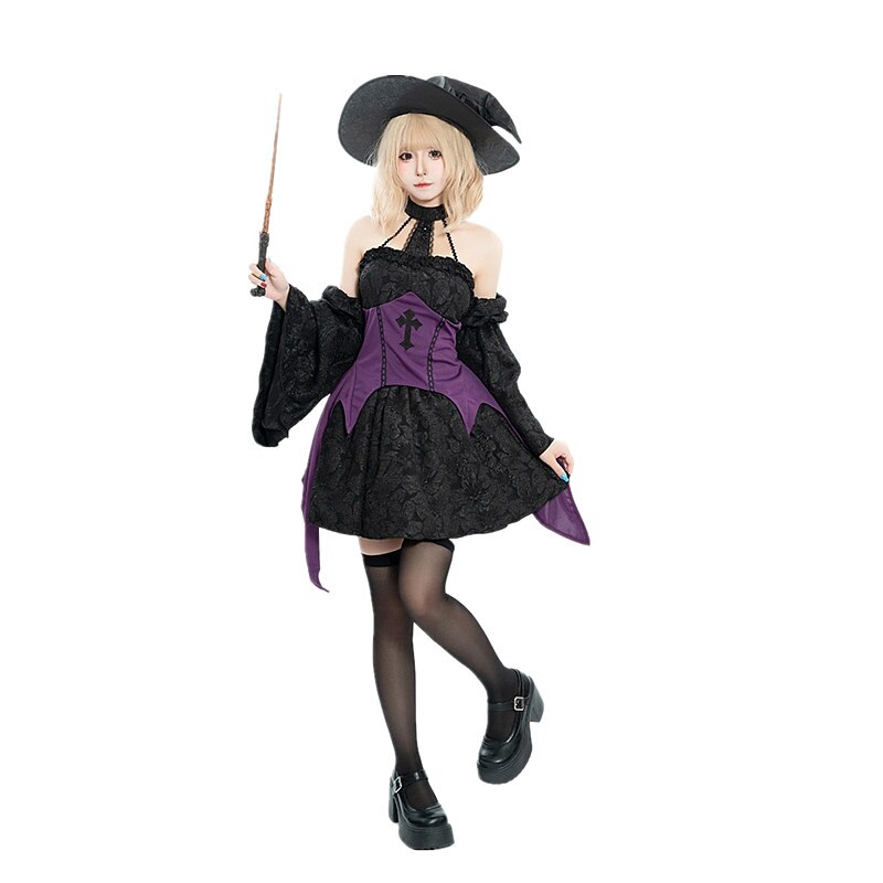 Gothic Witch Costume Black Purple Corset Mini Dress with Hat