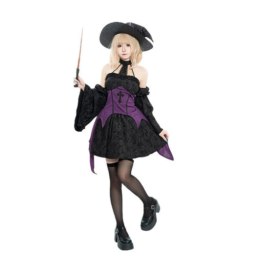 Gothic Witch Costume Black Purple Corset Mini Dress with Hat