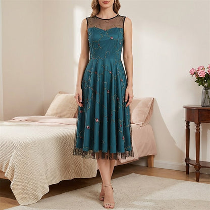 Embroidered Floral Tulle Midi Dress