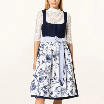 Oktoberfest Dirndlkleid mit blauem Blumenmuster und Schürze