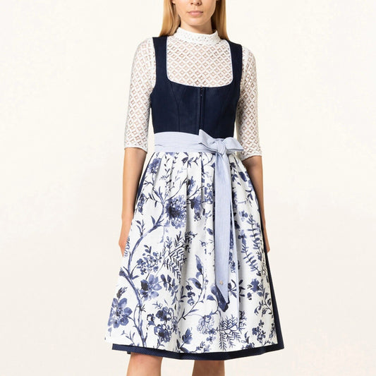 Oktoberfest Blue Floral Print Dirndl Dress with Apron