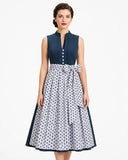 Women's Blue Dirndl Dress Stand Collar Button Down with Floral Print Apron