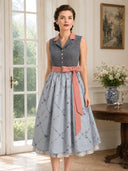 Women's Gray Dirndl Dress Lapel Collar with Deer Print Apron