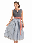 Women's Gray Dirndl Dress Lapel Collar with Deer Print Apron