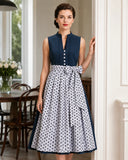 Women's Blue Dirndl Dress Stand Collar Button Down with Floral Print Apron