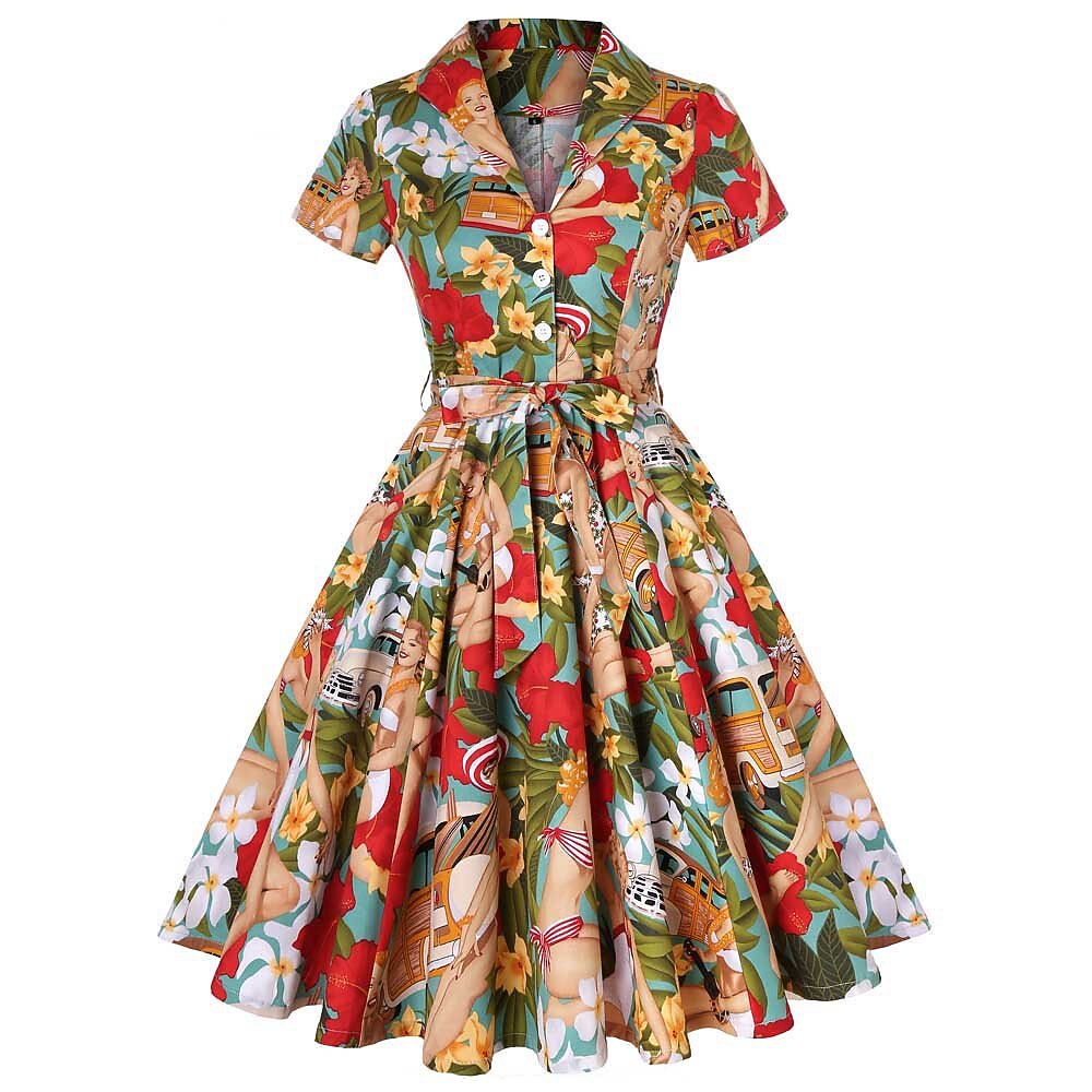 Women's 1950s Tropical Pin-up Print Lapel Collar Swing Dress