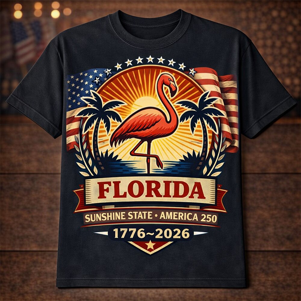 Men's American 250th Florida Flamingo Sunshine State Patriotic Printed T-shirt