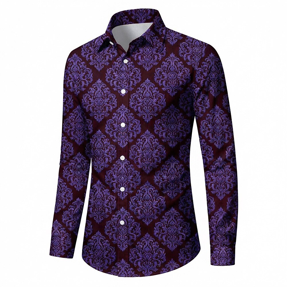 Retro 70S Vintage Ornate Damask Pattern Long Sleeves Collar Shirt