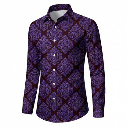 Retro 70S Vintage Ornate Damask Pattern Long Sleeves Collar Shirt