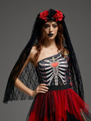 Copricapo da donna gotico in pizzo con rosa e velo scheletro per Halloween