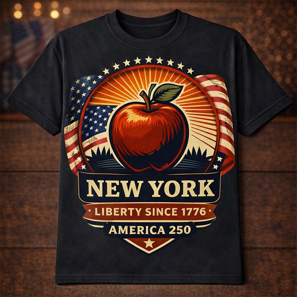 Men's American 250th New York Apple American Flag Patriotic Retro Printed T-shirt