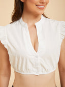 White V-Neck Dirndl Blouse with Lace Flutter Sleeves
