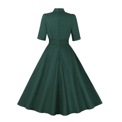 Women's 1950s Solid Green Bow Tie Neck Half Sleeve Swing Dress