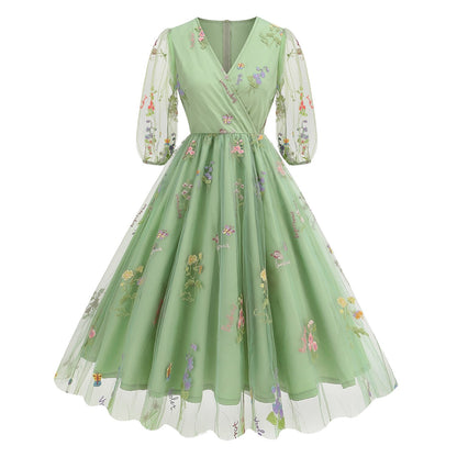 Floral Embroidered V-Neck Midi Dress