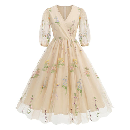 Floral Embroidered V-Neck Midi Dress