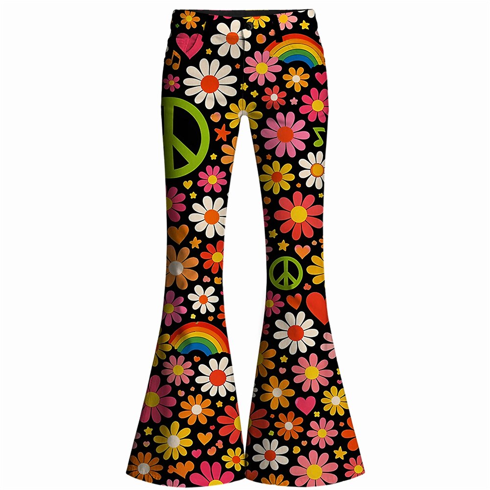 Retro 70s Peace Sign Floral Rainbow High Waist Wide Flared Trousers