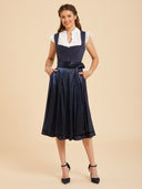 Navy Blue Midi Dirndl Dress with Satin Apron & Pockets