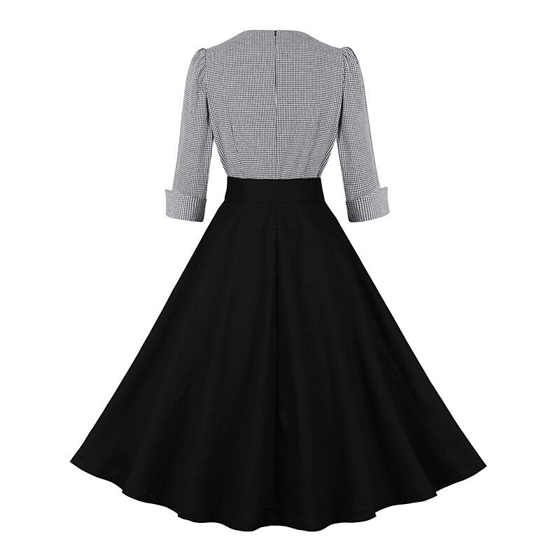 Women's 1950s Plaid Checkered Patchwork Lapel Collar Long Sleeve Swing Dress