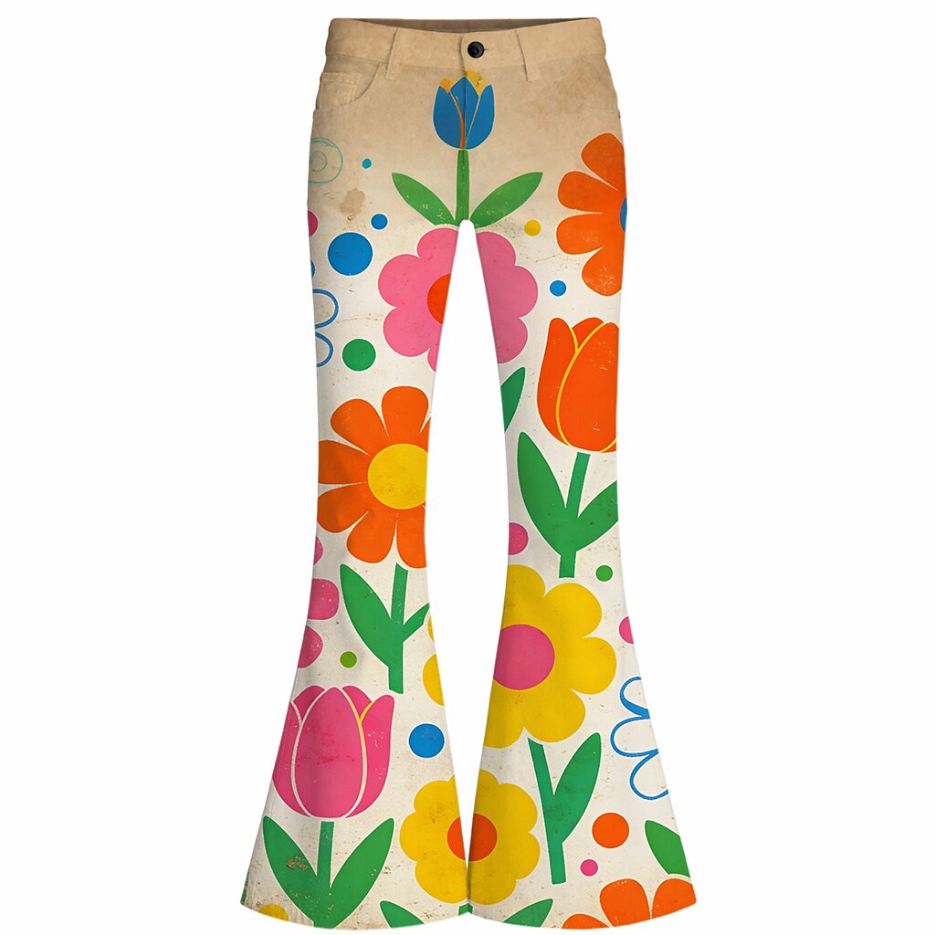 Retro 70s Boho Daisy Floral High Waist Wide Flared Trousers