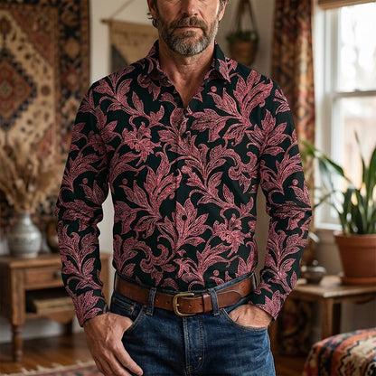 Retro 70S Vintage Baroque Floral Pattern Long Sleeves Collar Shirt