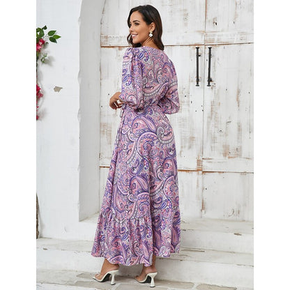 Retro 70s Bohemian Paisley Wrap V-neck Maxi Dress