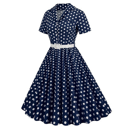 Women's 1950s Polka Dot Lapel Collar Swing Shirt Dress