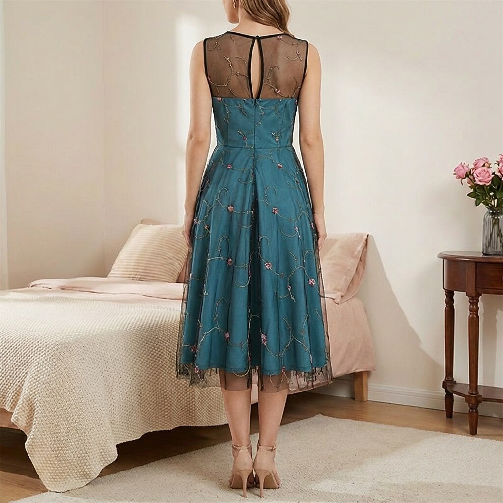 Embroidered Floral Tulle Midi Dress