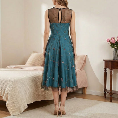 Embroidered Floral Tulle Midi Dress