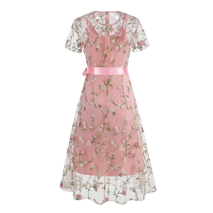 Floral Embroidered Mesh Midi Dress
