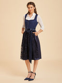 Navy Blue Midi Dirndl Dress with Sequin Embroidered Apron