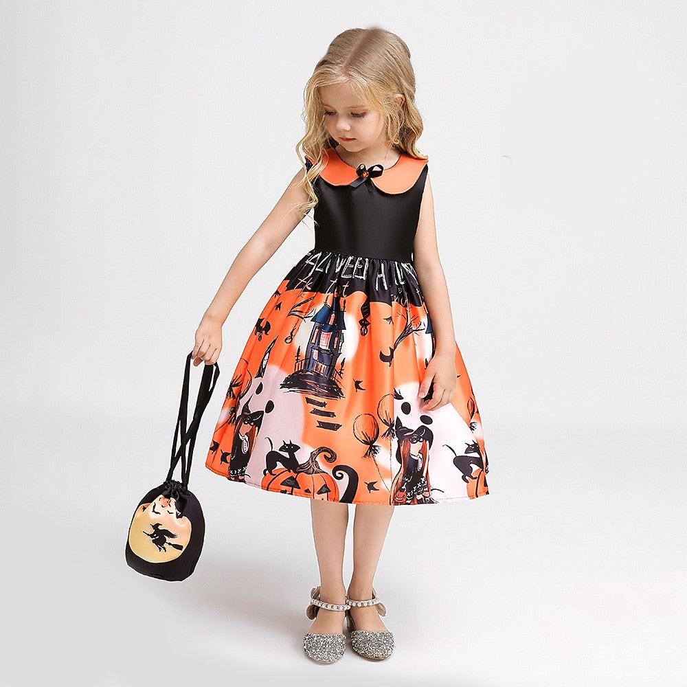Girls Halloween Pumpkin Print Dress