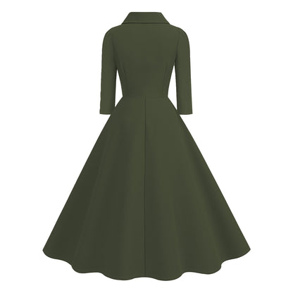 Women's 1950s Solid Color Peter Pan Collar Long Sleeve Flare Dress
