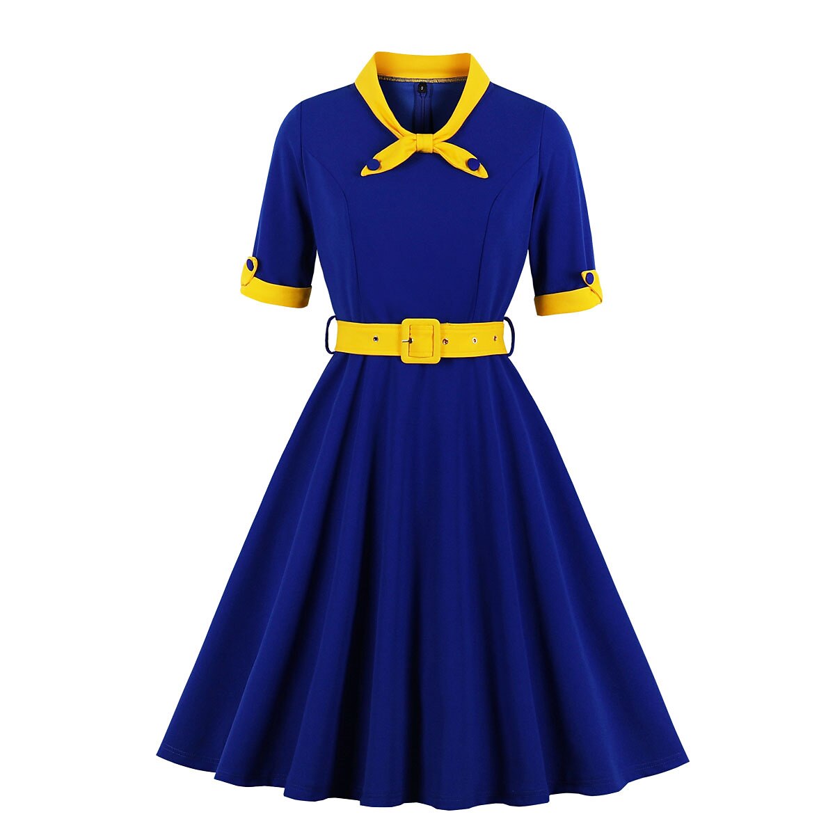Women's 1950s Contrast Color Block Lapel Collar Belted A-Line Dress