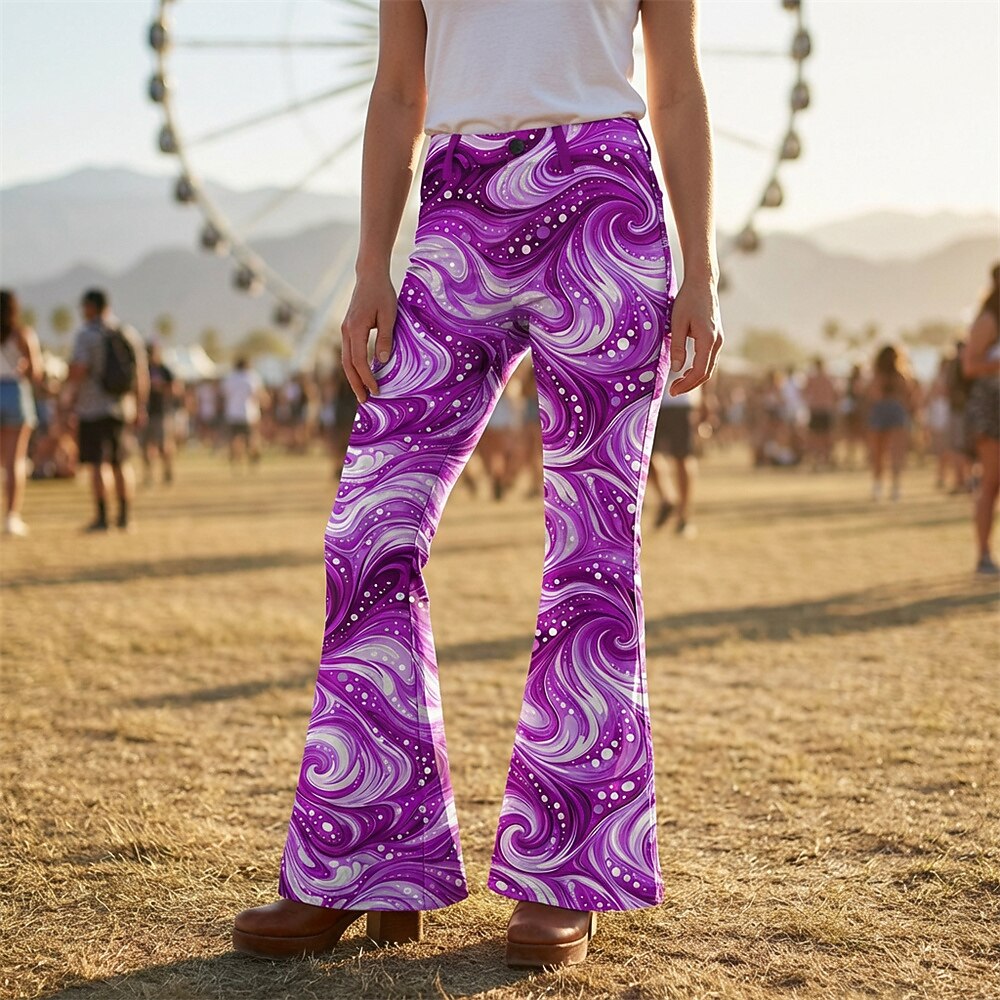 Retro 70s Swirling Waves High Waist Wide Flared Trousers
