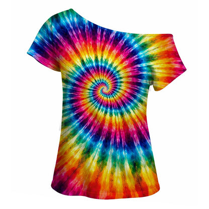 Retro 70s Tie-Dye Swirl One Shoulder Short Sleeves T-shirt