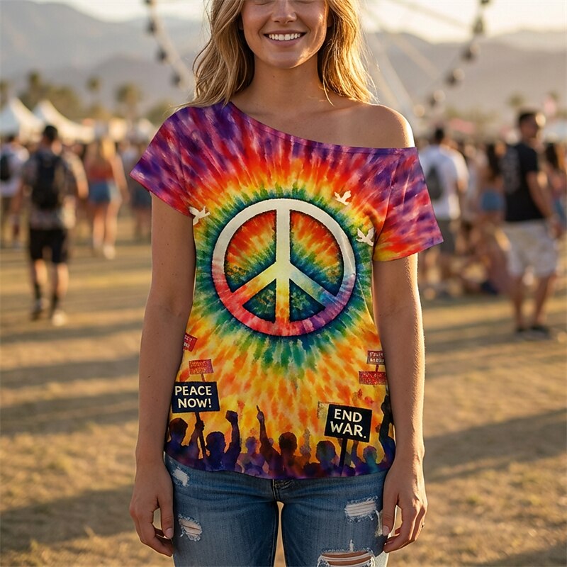 Retro 70s Peace Symbol Tie-Dye One Shoulder Short Sleeves T-shirt
