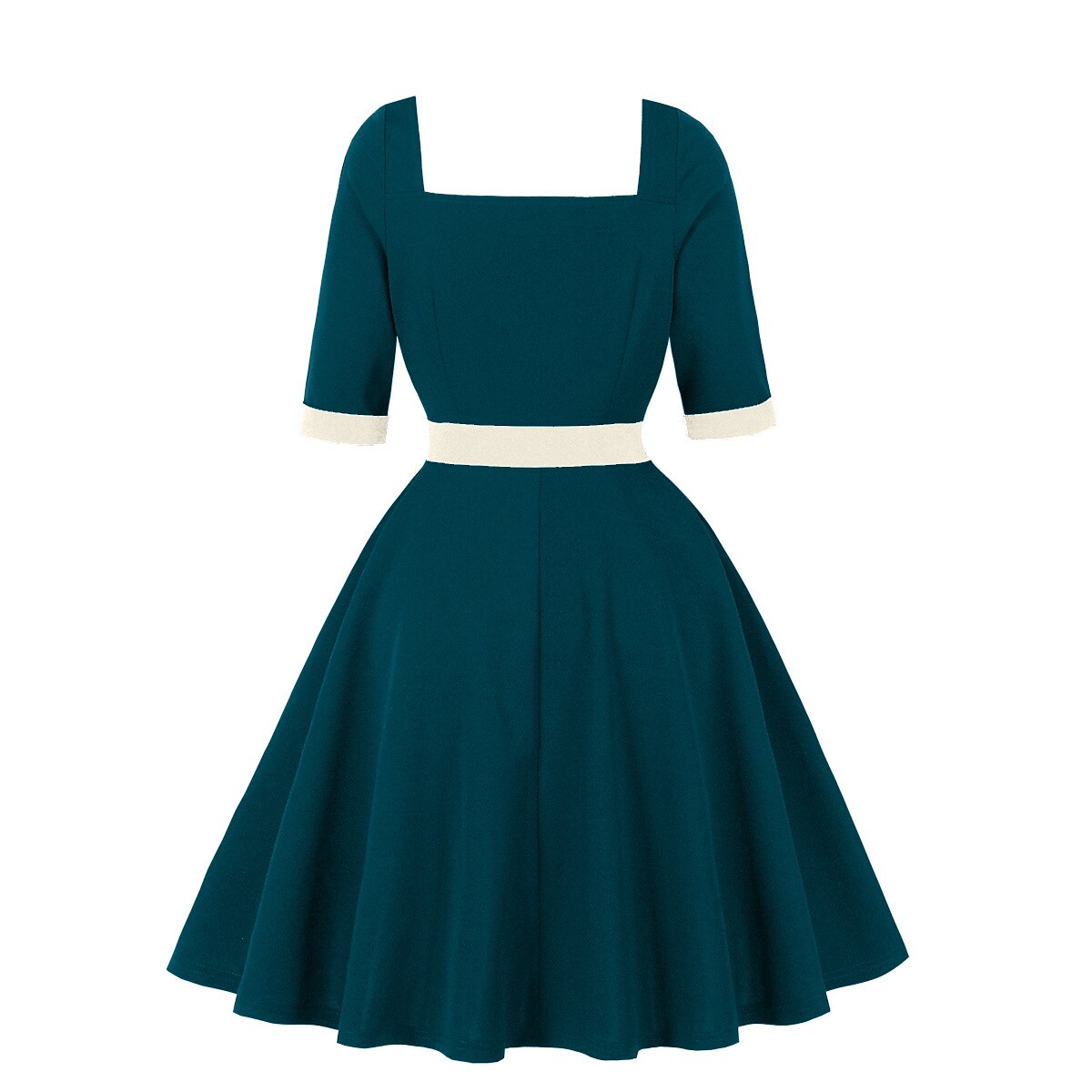 Women's 1950s Contrast Sweetheart Neck Half Sleeve A-Line Dress